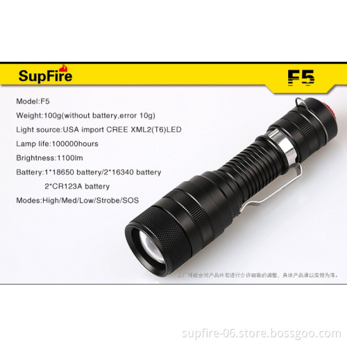 1100lumens zoomzble rechargeable LED flashlight SupFire F5 with buckle
